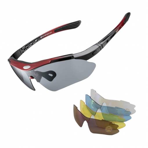 Foto - RockBros cyklistické okuliare UV400 - Čierno červené + náhradné šošovky